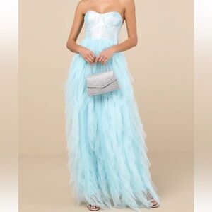 Lulus Malley Light Blue Ruffled Tulle Maxi Womens Dress Size Small NWT Prom HoCo